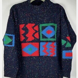Vtg 80s Esprit Geometric Speckled Mock Neck Sweater Womens M Retro Graphic Blue